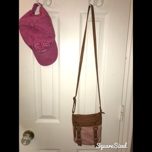 red stripped shoulder bag with brown leather